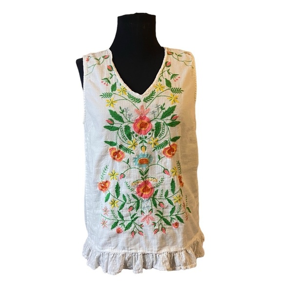 EVY’s Tree Beautiful Sleeveless Embroidered 100% Cotton Ruffled Tank Top Blouse - Picture 2 of 16